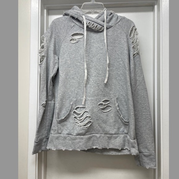 Alo Gray Distressed Hooded Sweatshirt Pullover Top - Picture 2 of 9